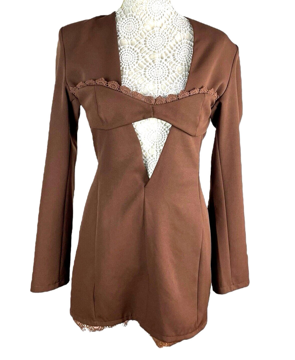 Pretty Little Thing Blazer Midi Dress Women's UK Size 8 Chocolate Lace Trim