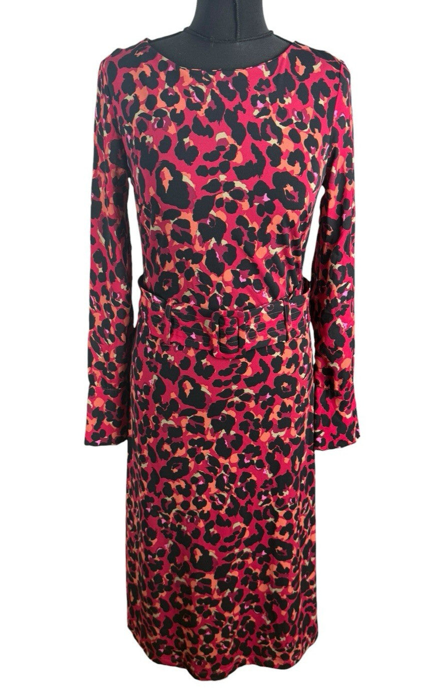 Next Leopard Print Midi Dress Women’s UK Size 6 Red & Black Long Sleeve Belted