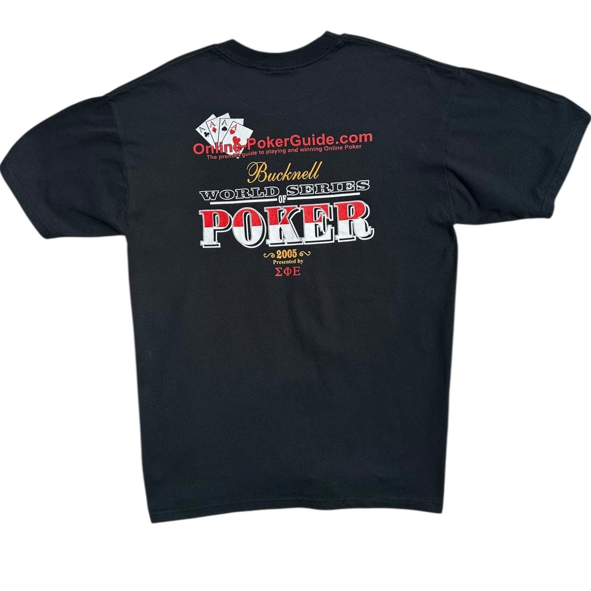 JERZEES Black Bucknell Poker T-Shirt Men's UK Size L Black Graphic Print 2005 Short Sleeve