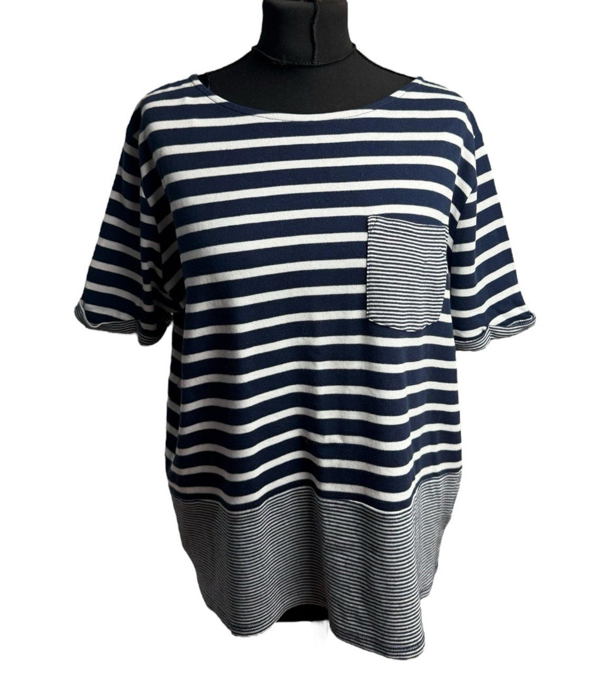 TU Navy Stripe Nautical T-Shirt Front Pocket 100% Cotton Women's UK Size 18