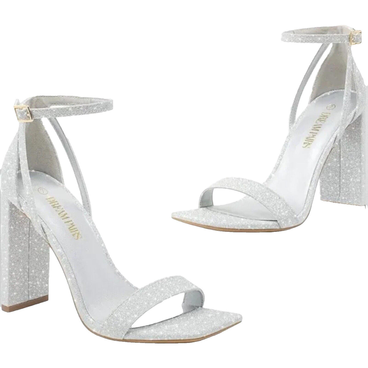 Dream Pairs Silver Sparkle Block Heel Shoes square Toe Women's UK Size 8