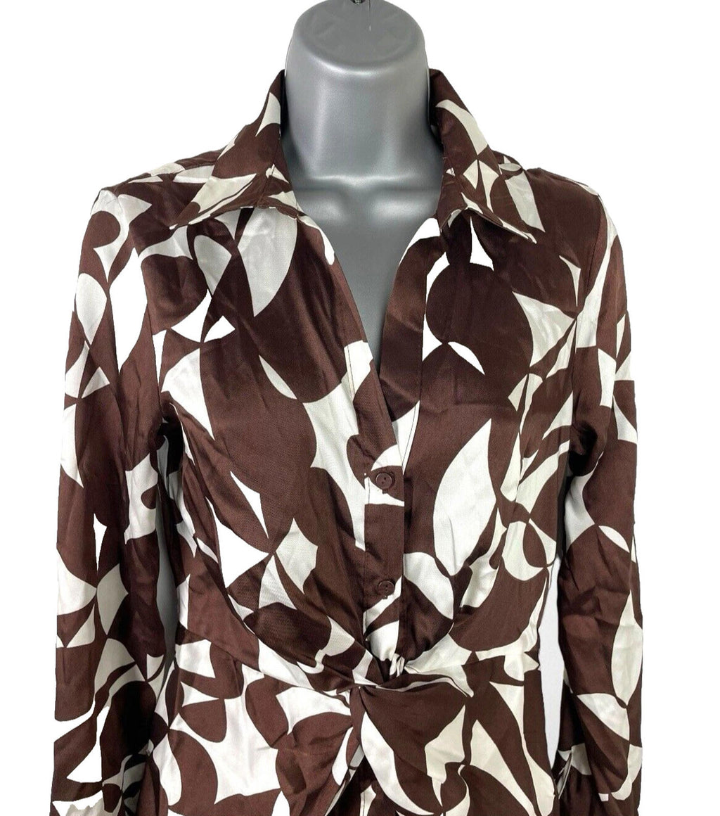 Stradivarius Brown Print Satin Shirt Dress Twist Detail Women’s UK Size XS