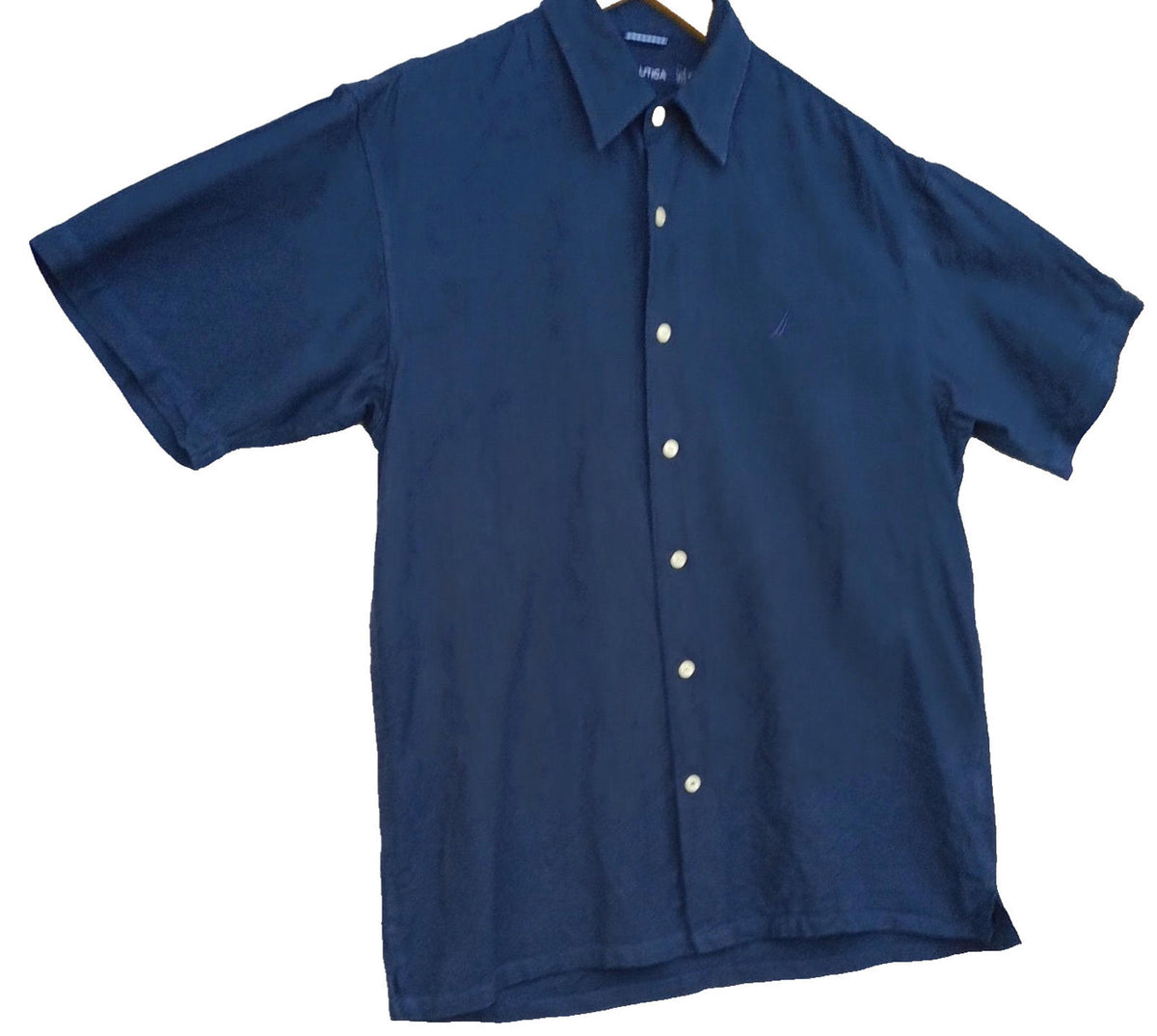 Nautica Shirt Men's UK Size M Blue Short Sleeve Silk Blend Easy Care Embroidered