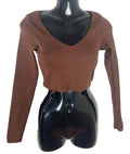 Stradivarius Brown Long Sleeve Crop Top V Neck Women's UK Size XS