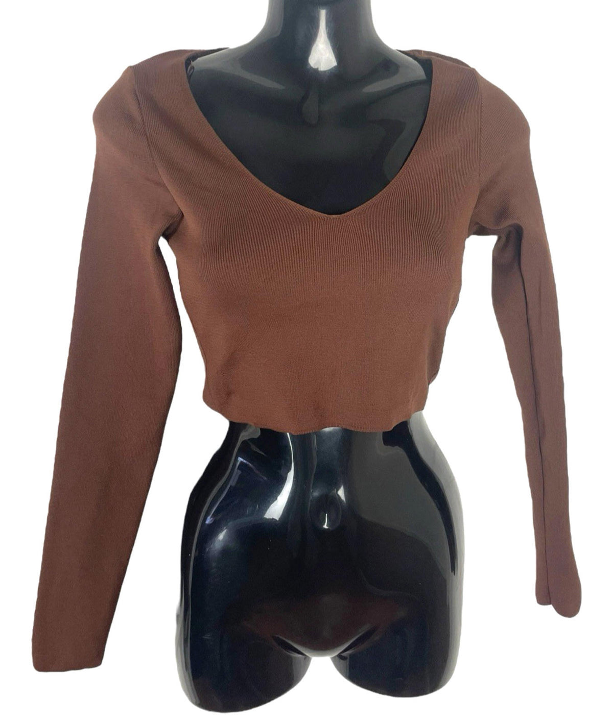 Stradivarius Brown Long Sleeve Crop Top V Neck Women's UK Size XS