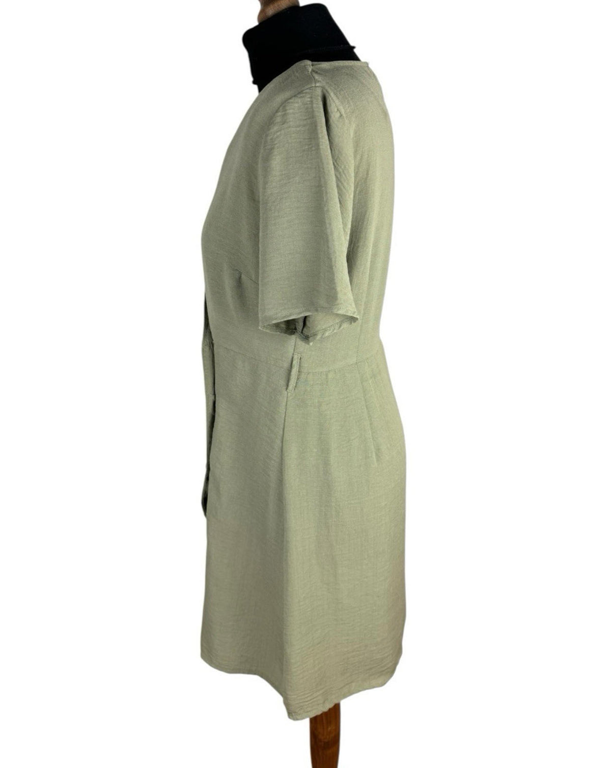 Primark Khaki Green Dress Brown Button Knee Length V Neck Women’s UK Size 12