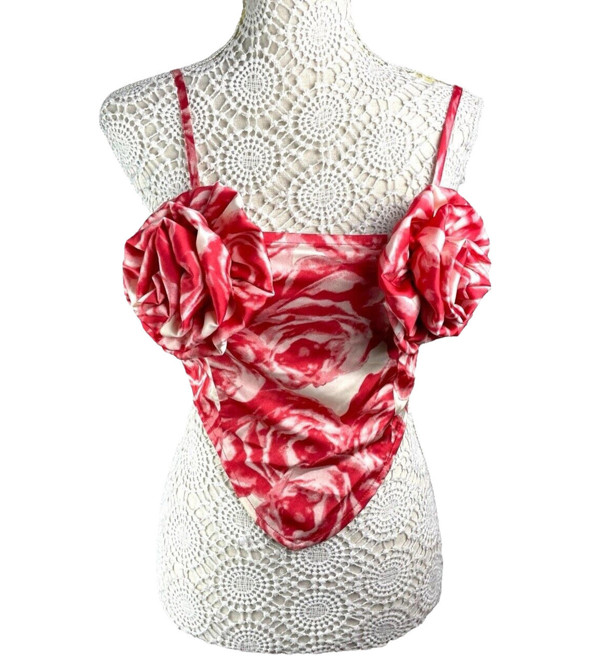 Pretty Little Thing Red & Cream Satin Flower Crop Top Women's UK Size 8