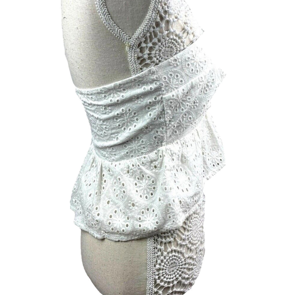 White Strapless Peplum Top Embroidered Daisy Design Women's UK Size 8