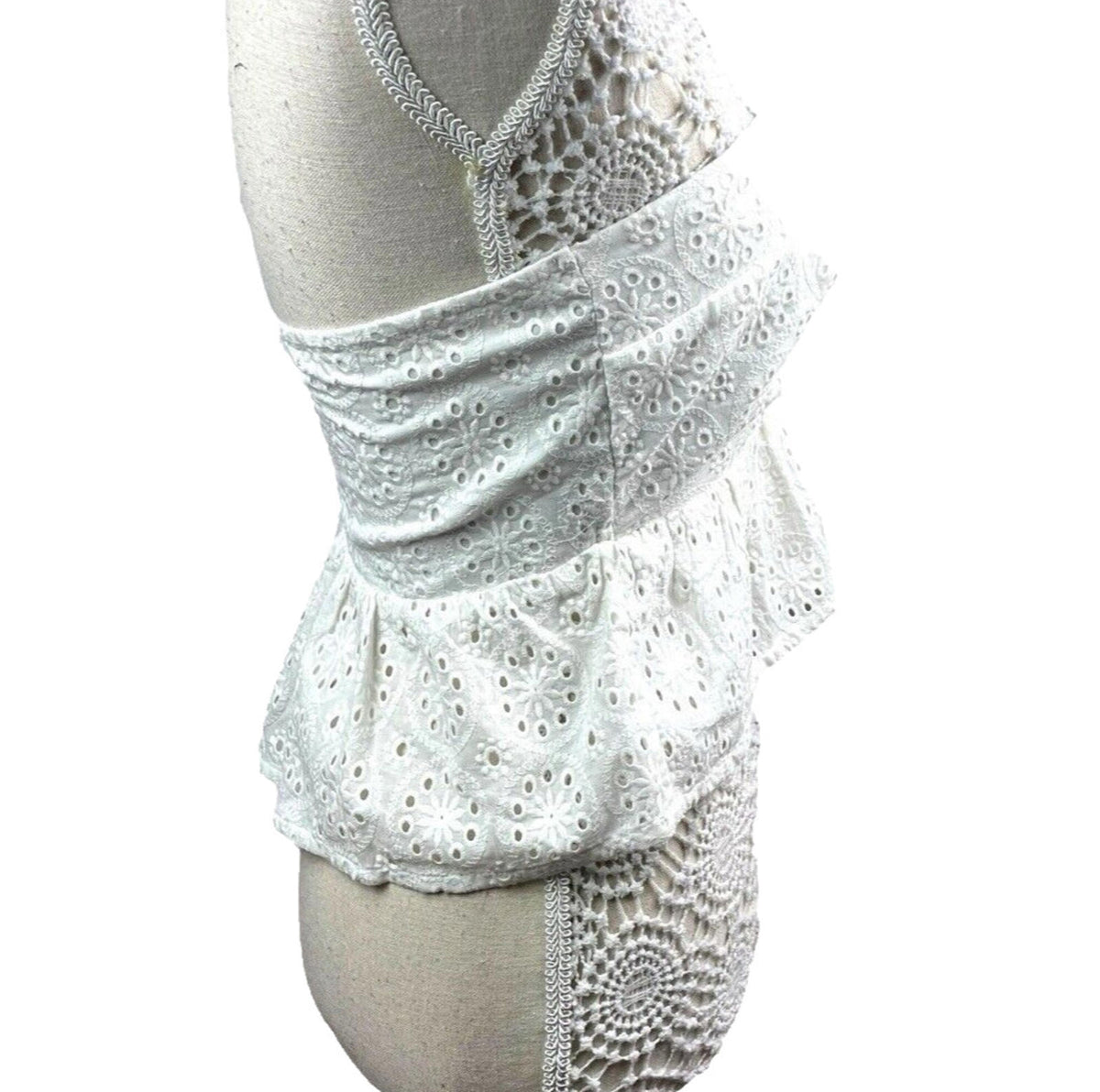 White Strapless Peplum Top Embroidered Daisy Design Women's UK Size 8