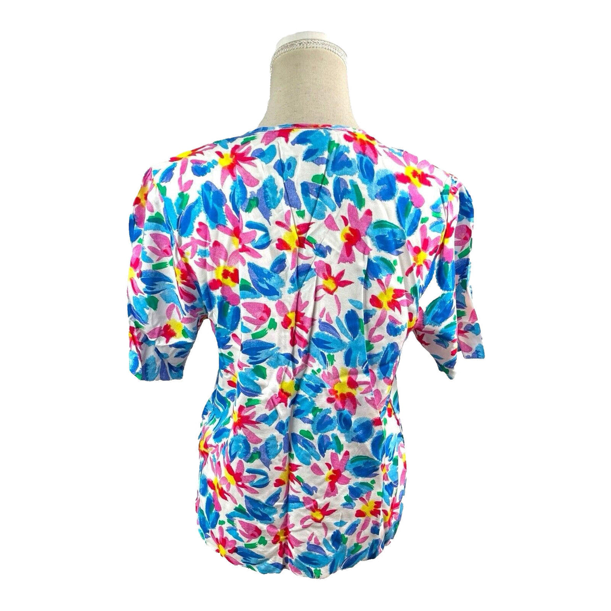 Features White Floral Shirt Blouse Women's UK Size 12 Multicolored Short Sleeve Collarless