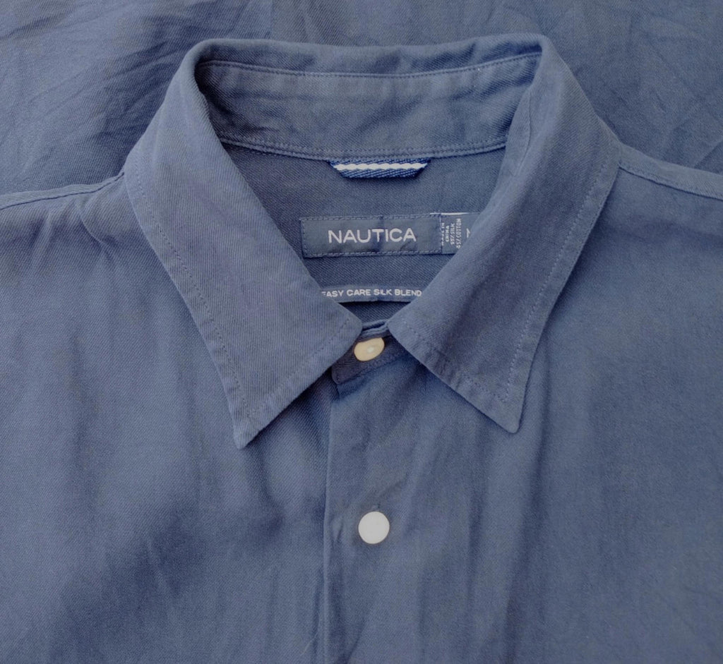 Nautica Shirt Men's UK Size M Blue Short Sleeve Silk Blend Easy Care Embroidered