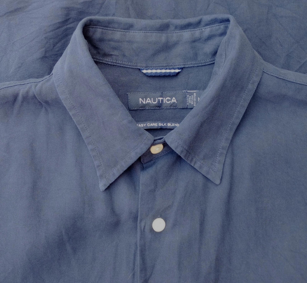 Nautica Shirt Men's UK Size M Blue Short Sleeve Silk Blend Easy Care Embroidered