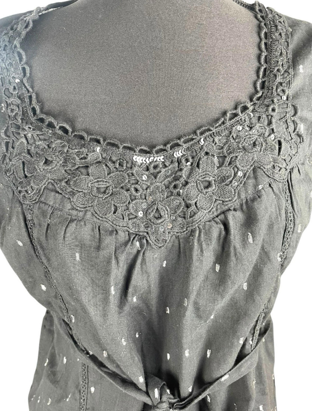 Oasis Black Oasis Blouse Women's UK Size 10 Black Glitter Lace Neckline Belted