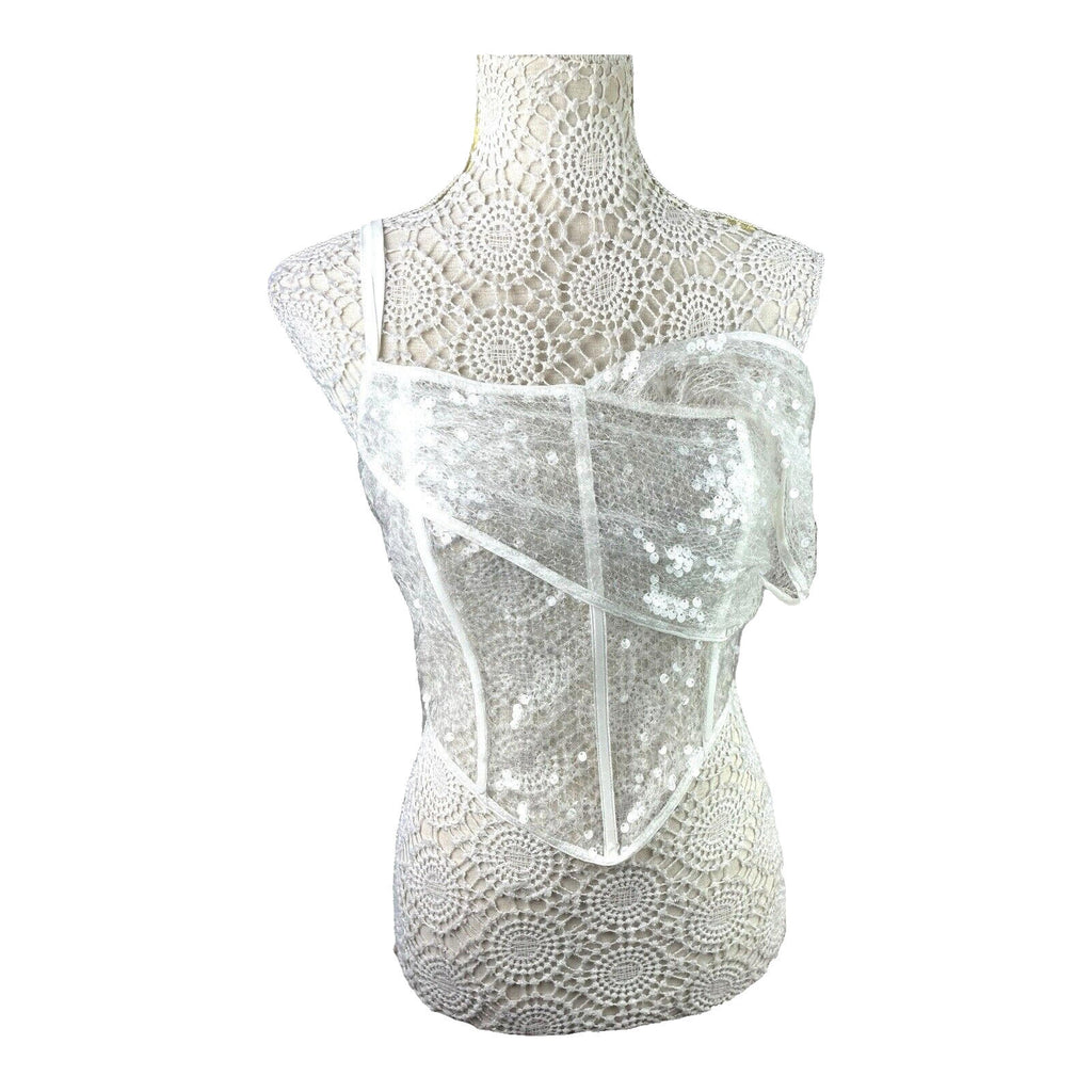 Pretty Little Thing Sheer Sequin One Sleeve Corset Top Women's UK Size 8 Cropped