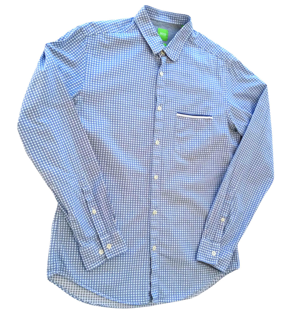 Hugo Boss Blue Hugo Boss Shirt Men's UK Size M Long Sleeve Blue Check 100% Cotton Pocket Modern