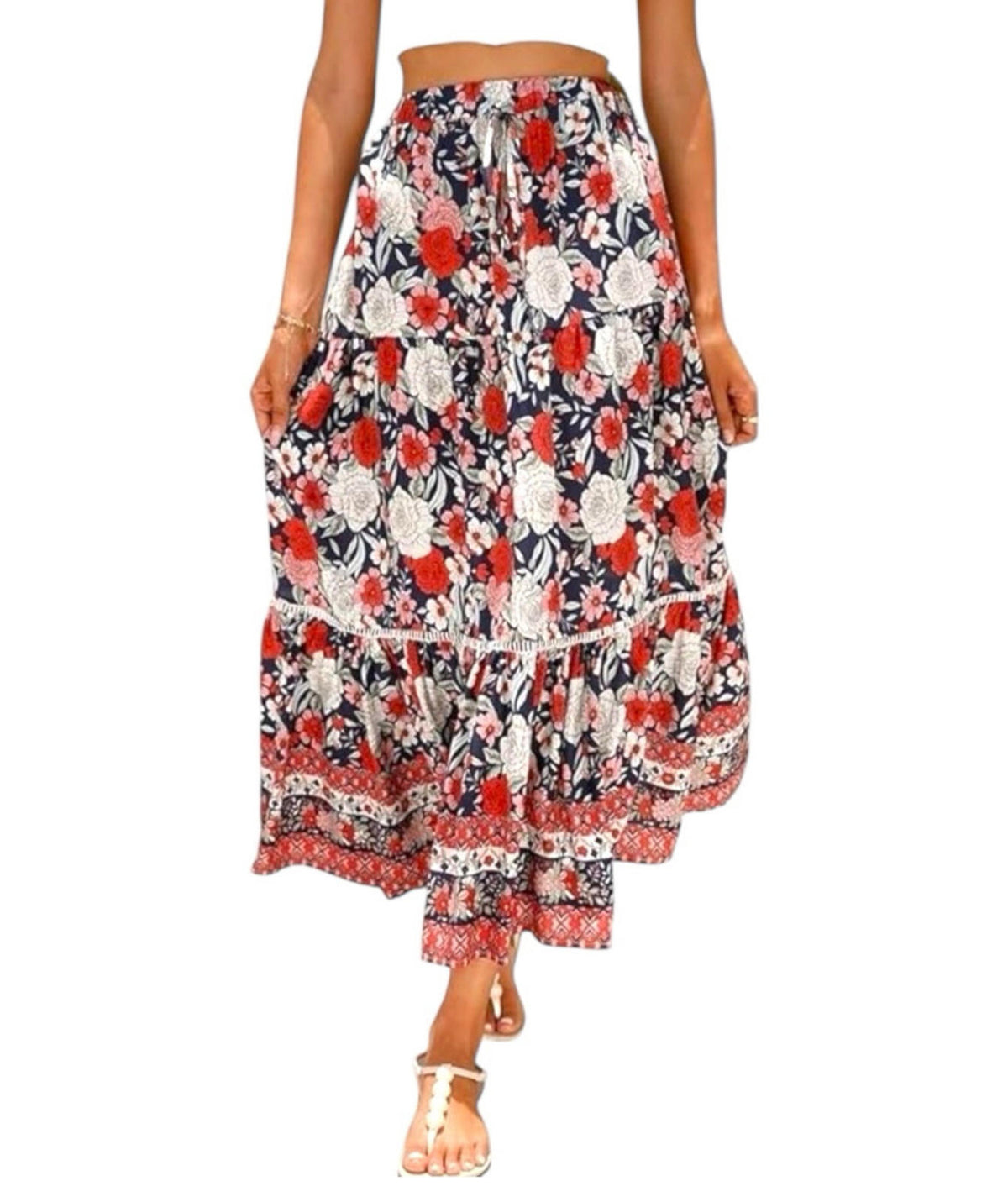 Bohemian Floral Swing Skirt Midi High Waist Women's UK Size L (12)