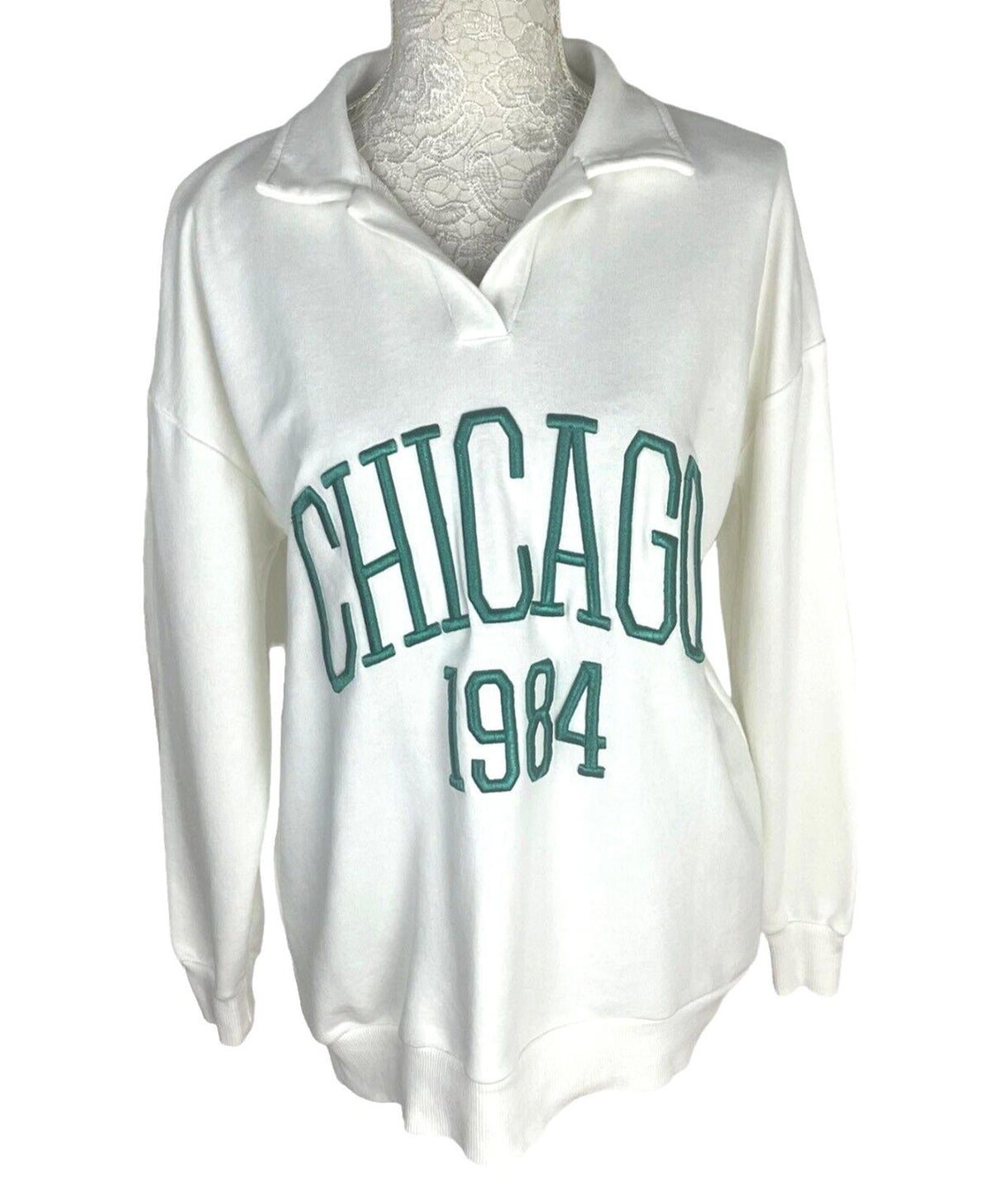 Stradivarius Over Sized Jersey Jumper Collared White Chicago Women's UK Size XS