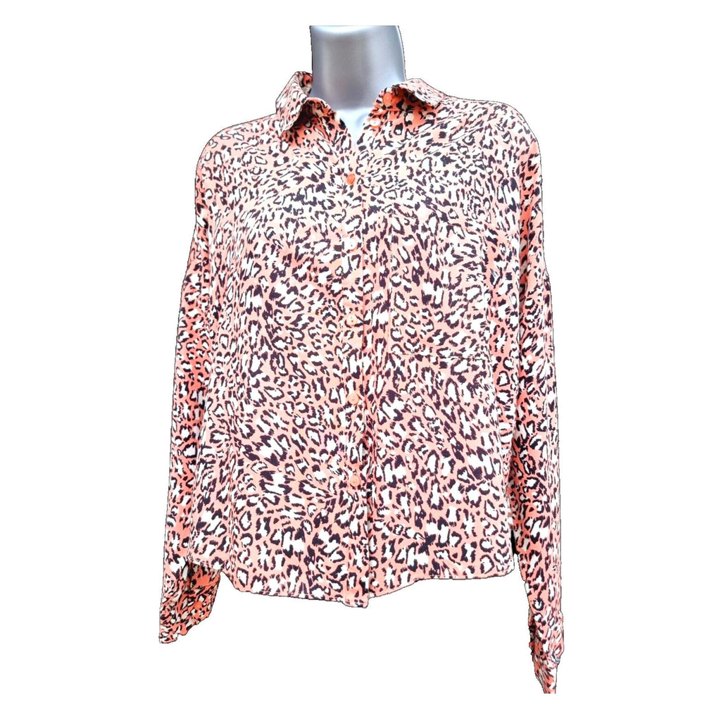 Primark Leopard Print Shirt Women's UK Size 10 Pink Button Down Long Sleeve