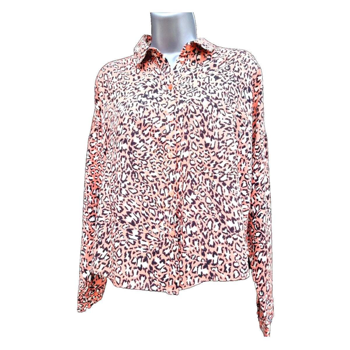Primark Leopard Print Shirt Women's UK Size 10 Pink Button Down Long Sleeve