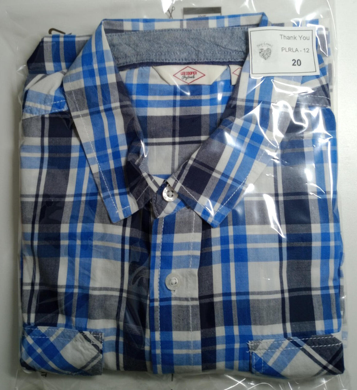 Lee Cooper Men's Shirt UK Size L Blue Check Short Sleeve Pockets 100% Cotton