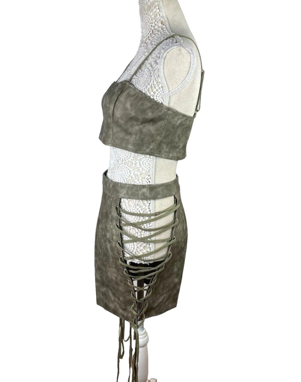 Pretty Little Thing Lace-Up Skirt & Crop Top Set Women's UK Size 8 Faux Leather