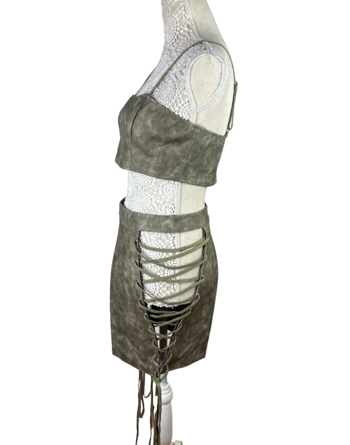 Pretty Little Thing Lace-Up Skirt & Crop Top Set Women's UK Size 8 Faux Leather