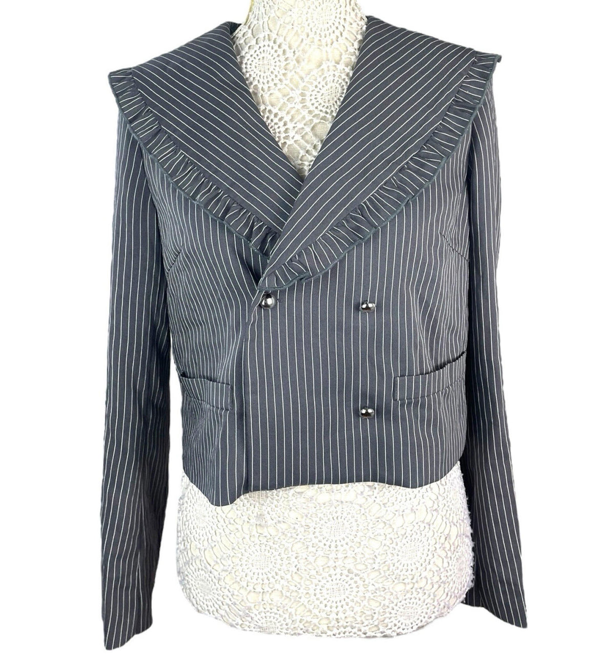 Pretty Little Thing Pinstripe Blazer Women’s UK Size S Grey Cropped Oversized Lapels Ruffle Trim