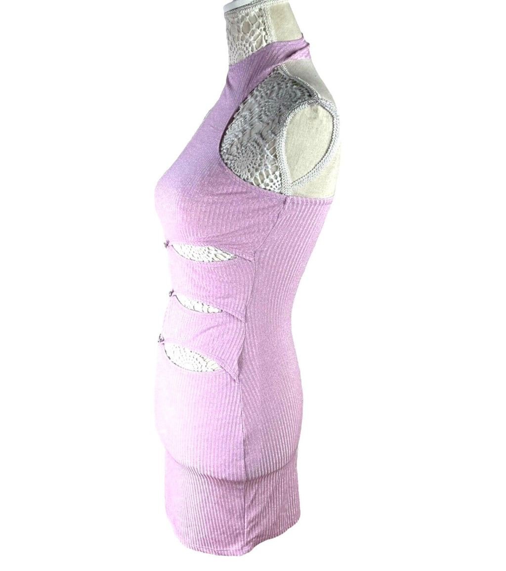 Figi Lilac Ribbed Cut Out Bodycon Mini Dress Halter Neck Women's UK Size 8
