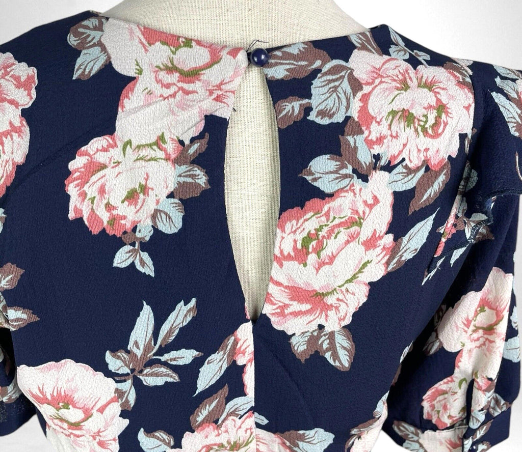 Urban Bliss Midi Dress Navy Floral High Neck Elastic Waist Women's UK Size 10
