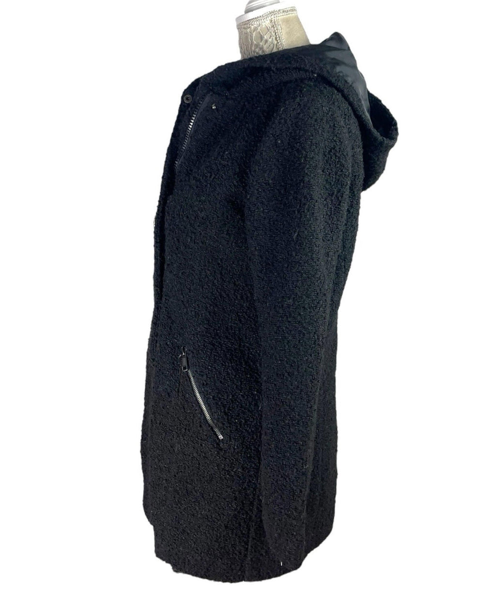 Primark Black Teddy Fleece Coat Mid Length Hooded Women's UK Size 14