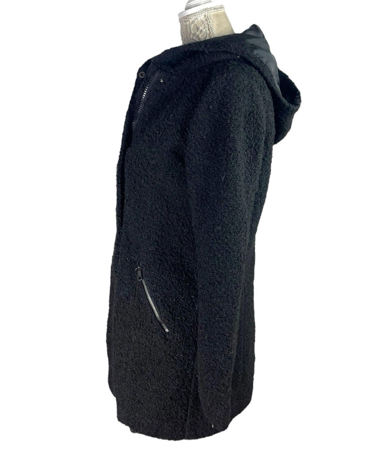 Primark Black Teddy Fleece Coat Mid Length Hooded Women's UK Size 14