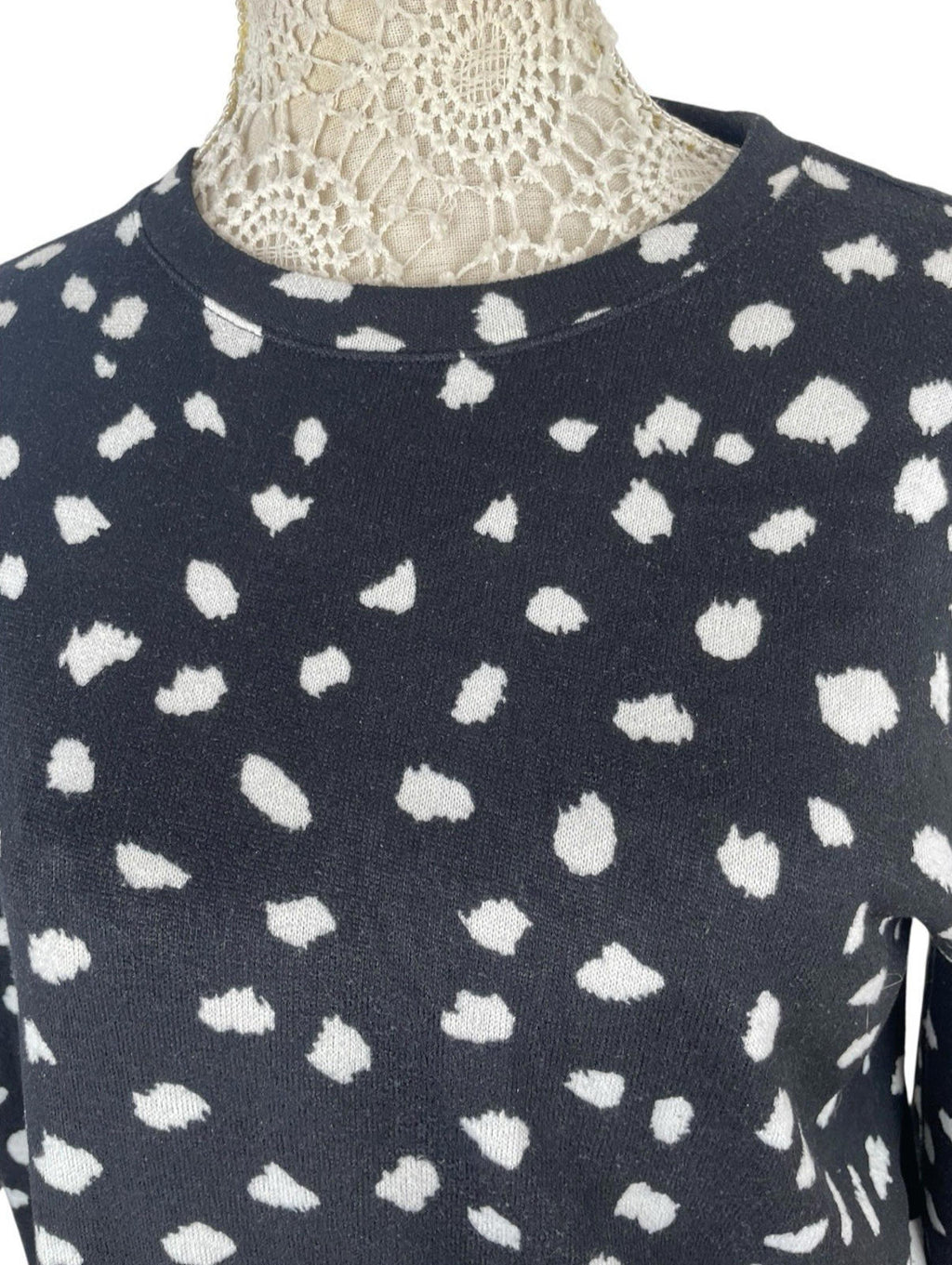 Black Spotted Knit Jumper Blouse Long Sleeve Women’s UK Size L Crew Neck