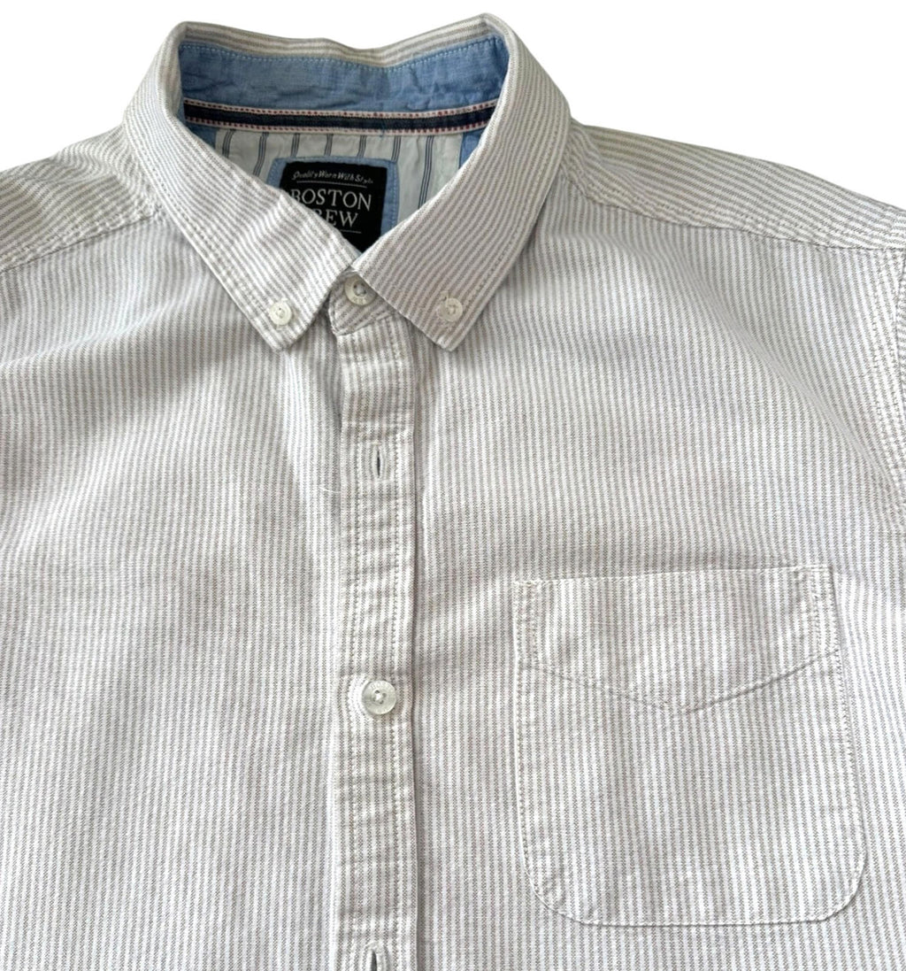 Boston Crew Shirt Men's UK Size XL White & Beige Stripe Casual Short Sleeve