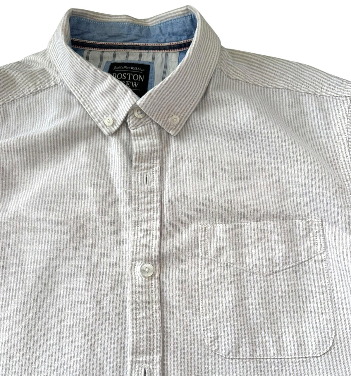 Boston Crew Shirt Men's UK Size XL White & Beige Stripe Casual Short Sleeve