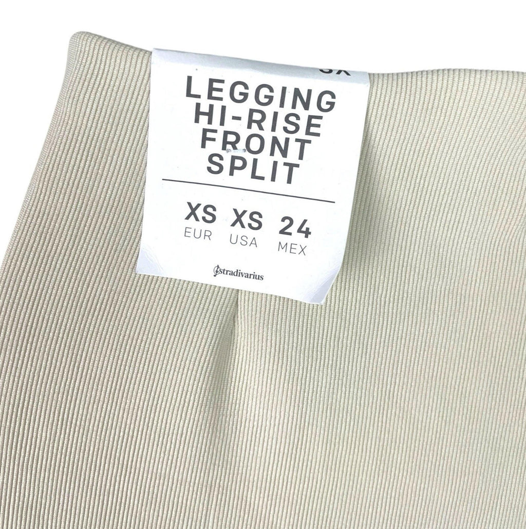 Stradivarius Leggings Women's UK Size XS Beige Ribbed High Rise Front Split