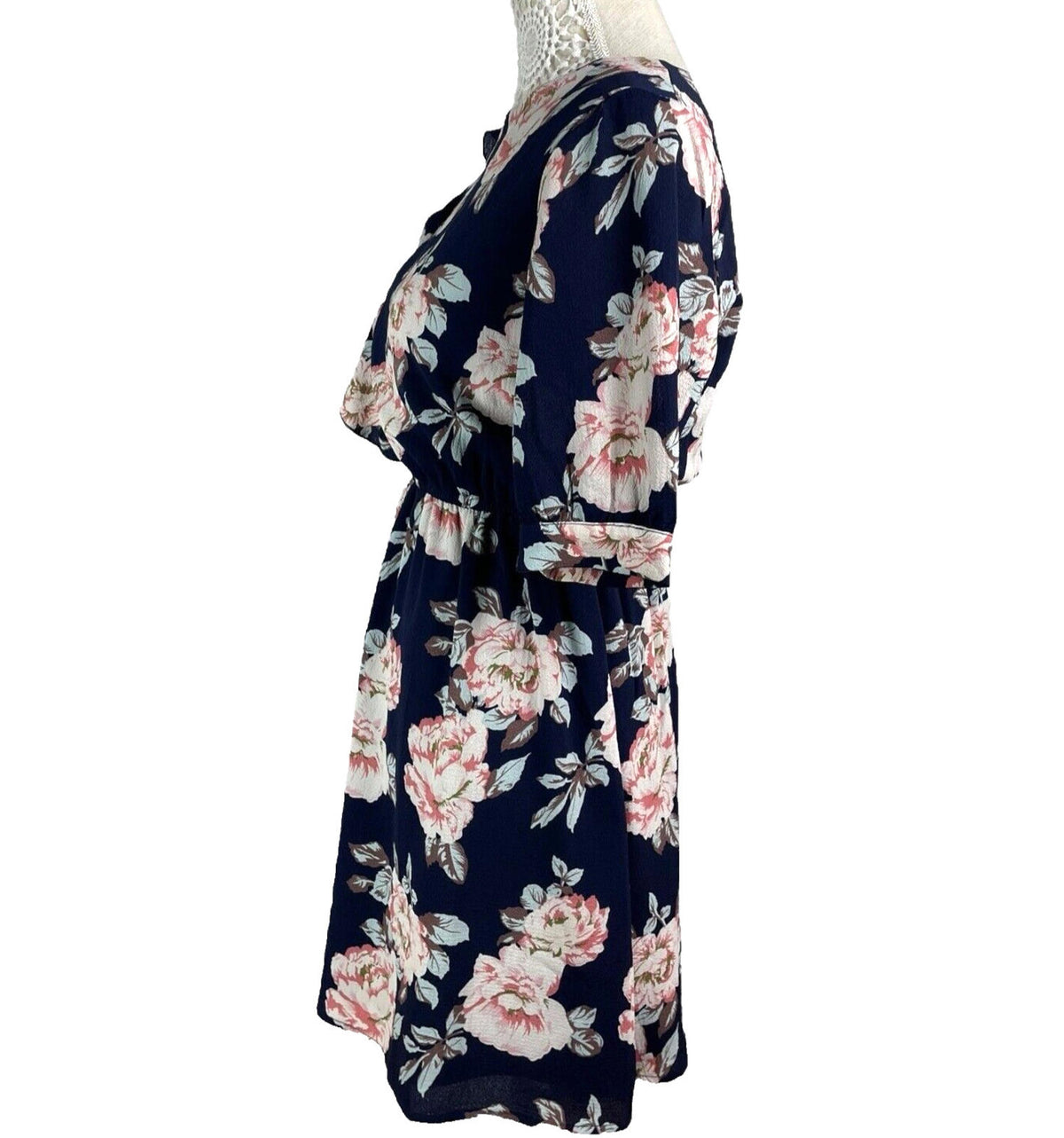 Urban Bliss Midi Dress Navy Floral High Neck Elastic Waist Women's UK Size 10