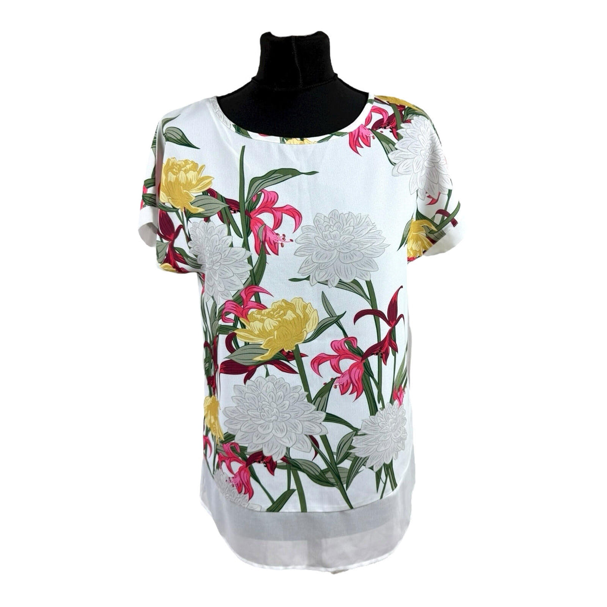 Soon White Floral T-shirt Top Chiffon Panel Relaxed Fit Women's UK Size 8