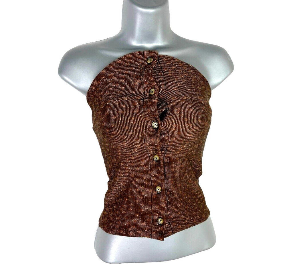 Brown Knit Bandeau Top Women's UK Size 6 Strapless Button Up Gold Sparkle Detail