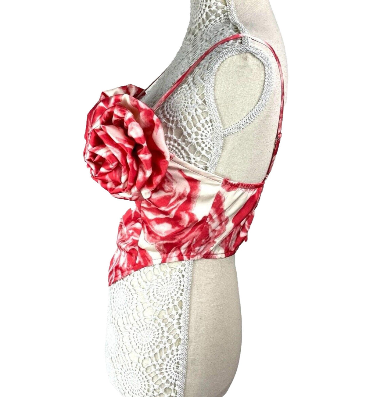 Pretty Little Thing Red & Cream Satin Flower Crop Top Women's UK Size 8