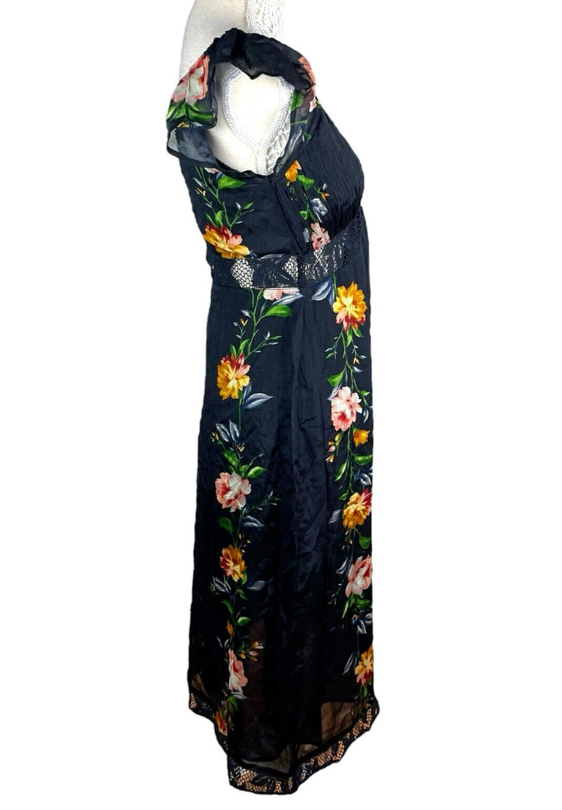 Black Floral Maxi Dress Lace Panels Women's UK Size 8