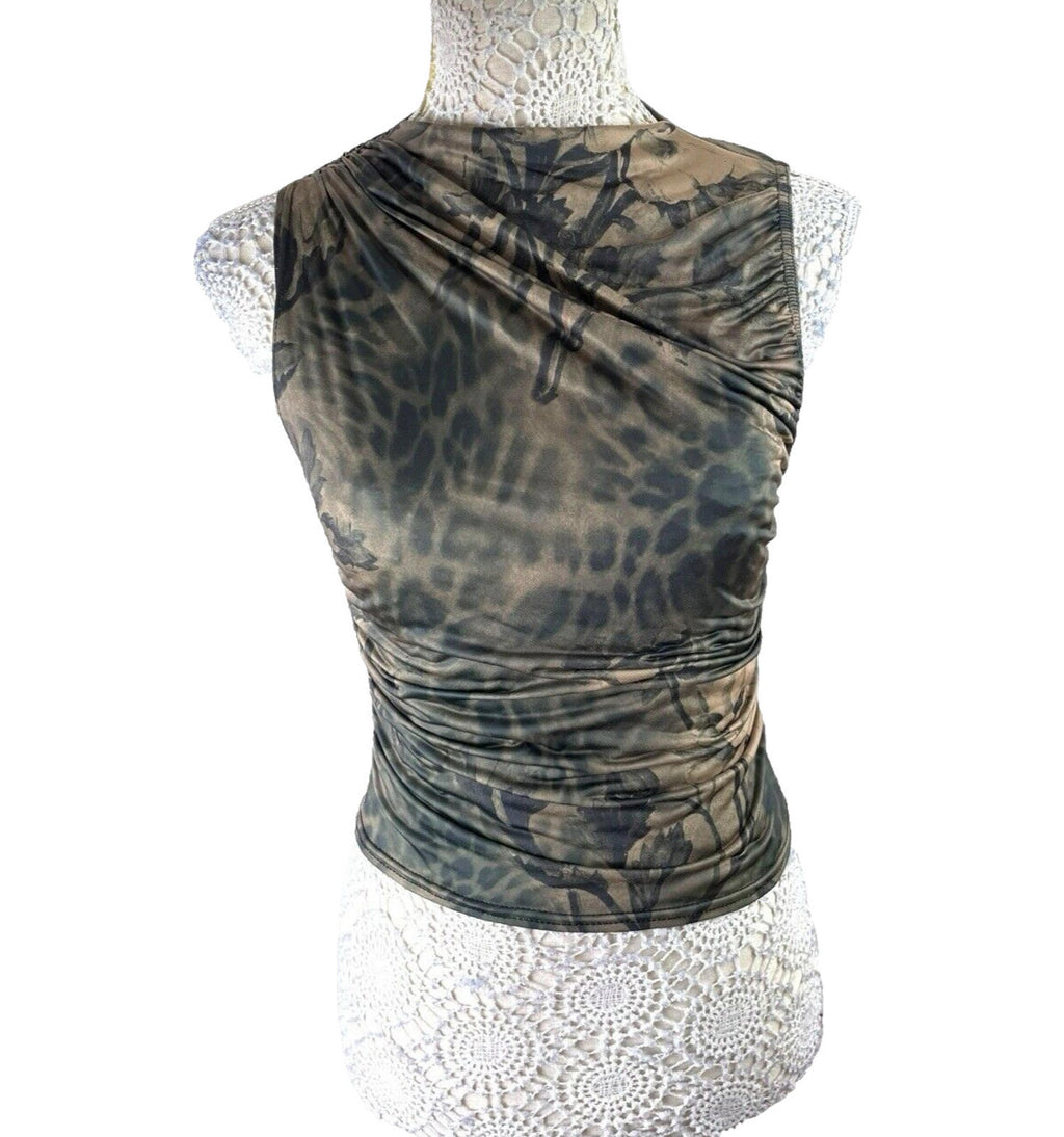 Pretty Little Thing Khaki Satin Tank Top High Neck Stretch Women's UK Size 8