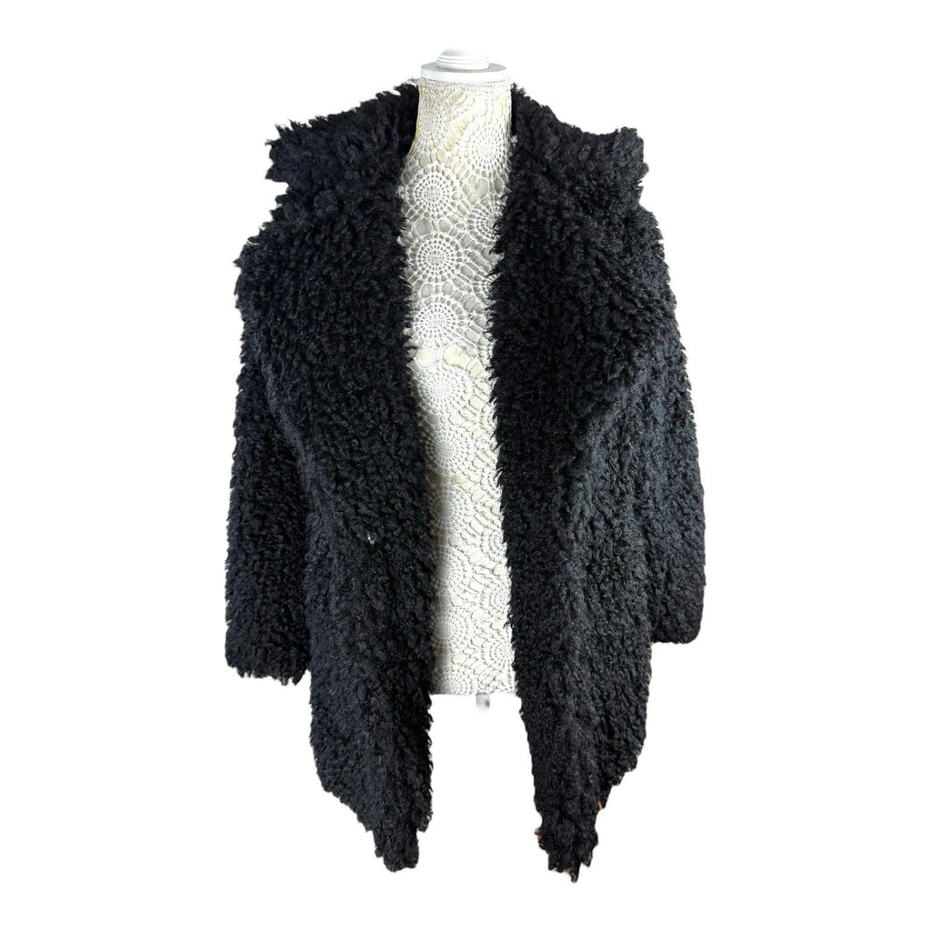 Boohoo Black Teddy Fleece Coat Relaxed Fit Collared Women's UK Size 10