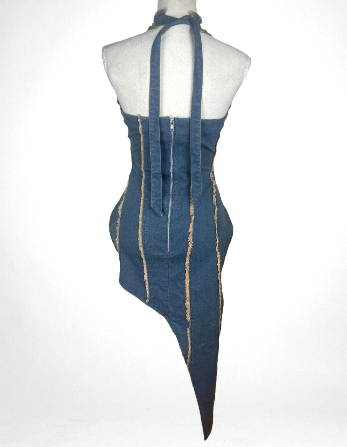 Denim Dress Irregular Stretch Halterneck Tapered Seems Women's UK Size 8