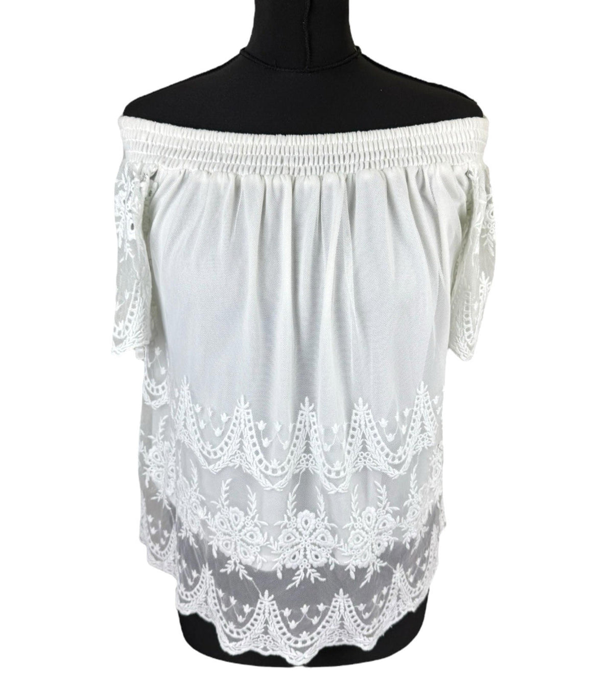 New Look Off Shoulder Blouse Women's UK Size 10 White Lace Trim Shirred Bardot