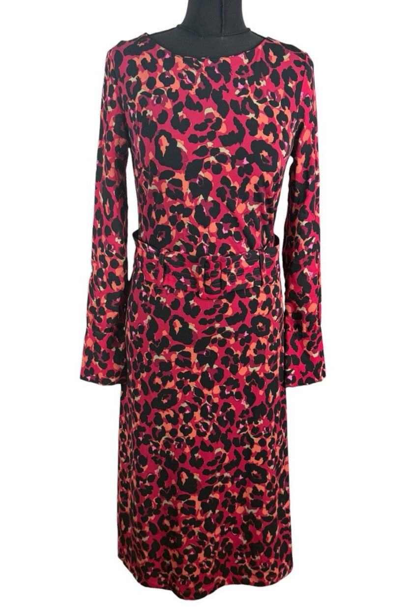 Next Leopard Print Midi Dress Women’s UK Size 6 Red & Black Long Sleeve Belted