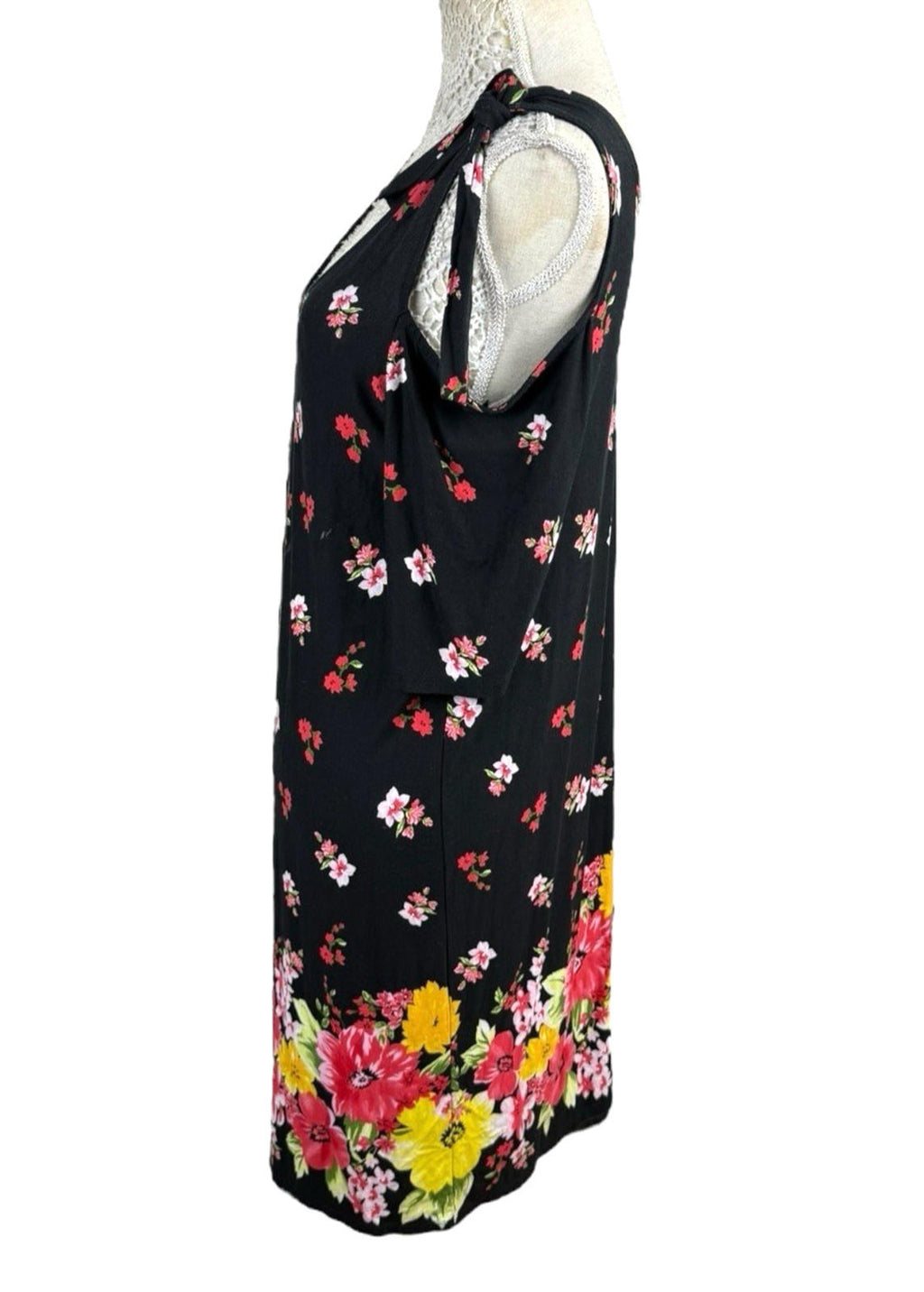 Black Floral Summer Dress Cold Shoulder Sleeve Knee Length Women’s UK Size 14