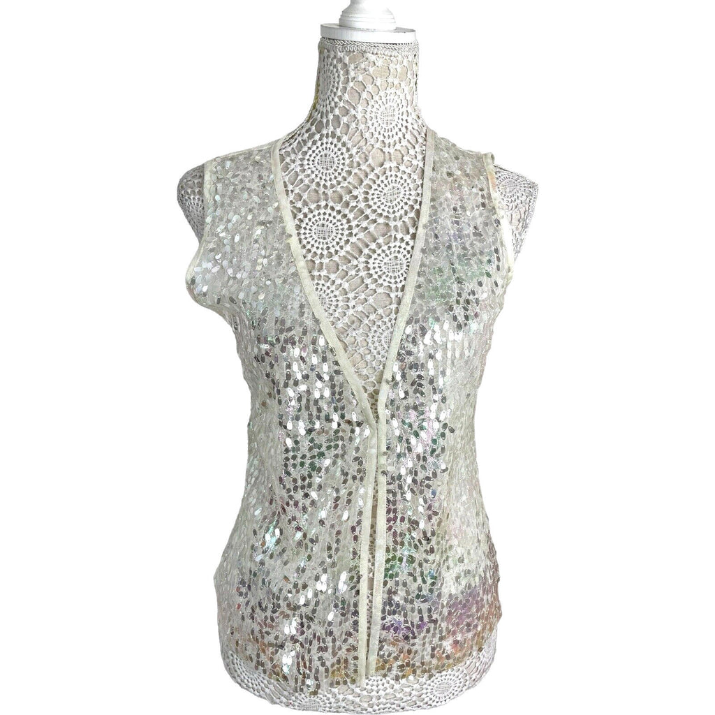White Sequin Crop Top & Waistcoat Co-Ord Women's UK Size 8 Iridescent Butterfly Detail