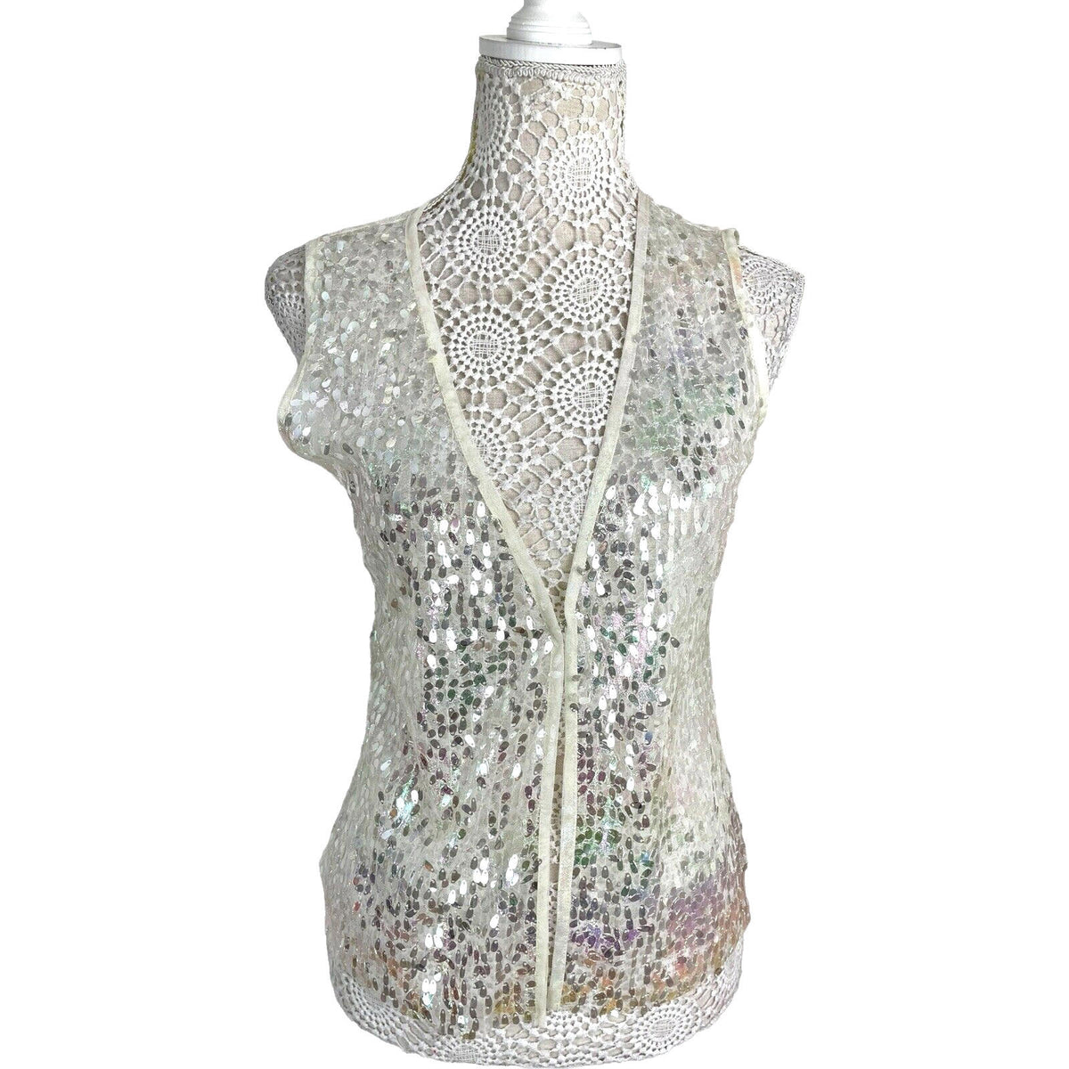 White Sequin Crop Top & Waistcoat Co-Ord Women's UK Size 8 Iridescent Butterfly Detail