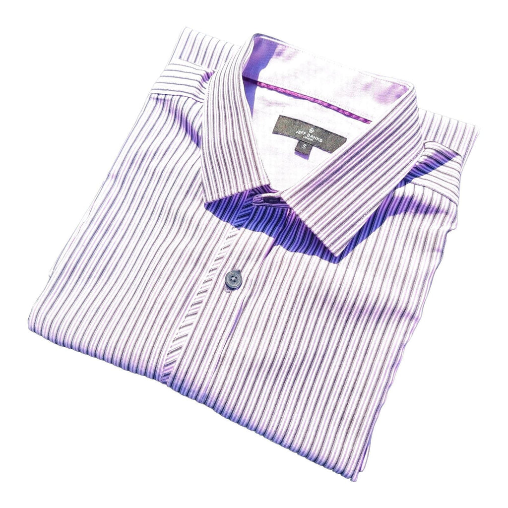 Jeff Banks Mens Shirt Small Purple White Stripe Short Sleeve Cotton Casual Smart