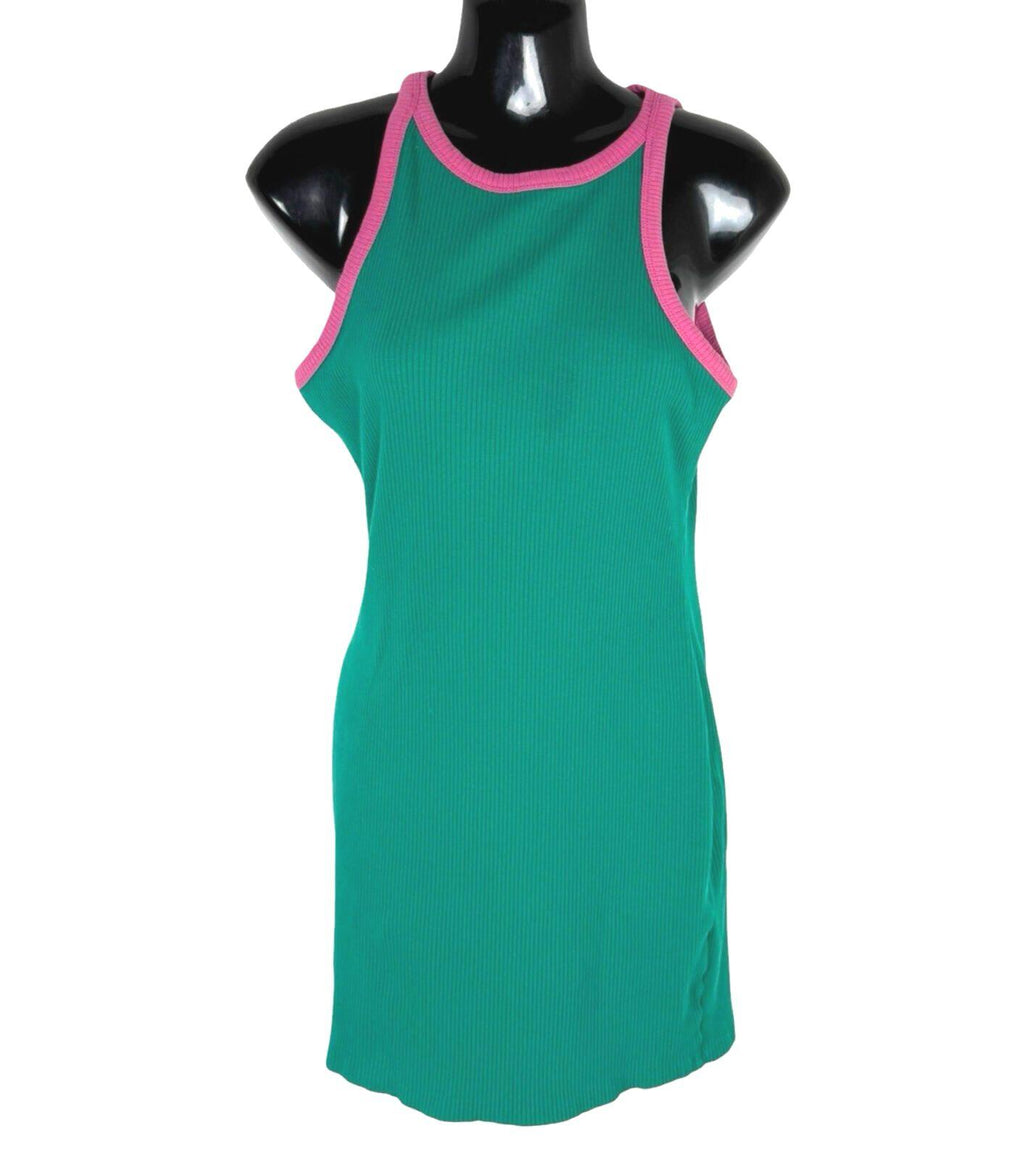 Primark Ribbed Mini Dress Women's UK Size 14 Sleeveless Stretch Green Pink Trim